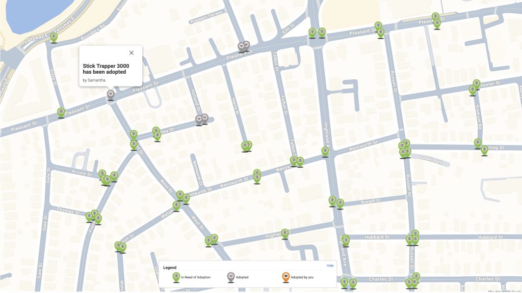 A section of map showing Malden's network of street catch basins.